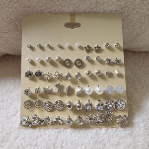 🦄 Silver toned 30pc stud earrings faux pearls diamonds bows floral minimalist
